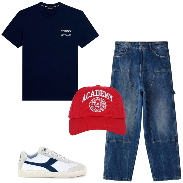 Outfit uomo - Total look #2411959. Stile Trendy per Tutti i giorni. Abbinamento con cappelli, jeans dritti, t-shirt, sneakers.