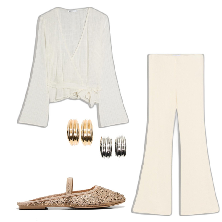 Outfit mujer - Romantica. Estilo Romántica para Todos los días. Combinación con blusas, bailarinas, pantalones, pendientes.