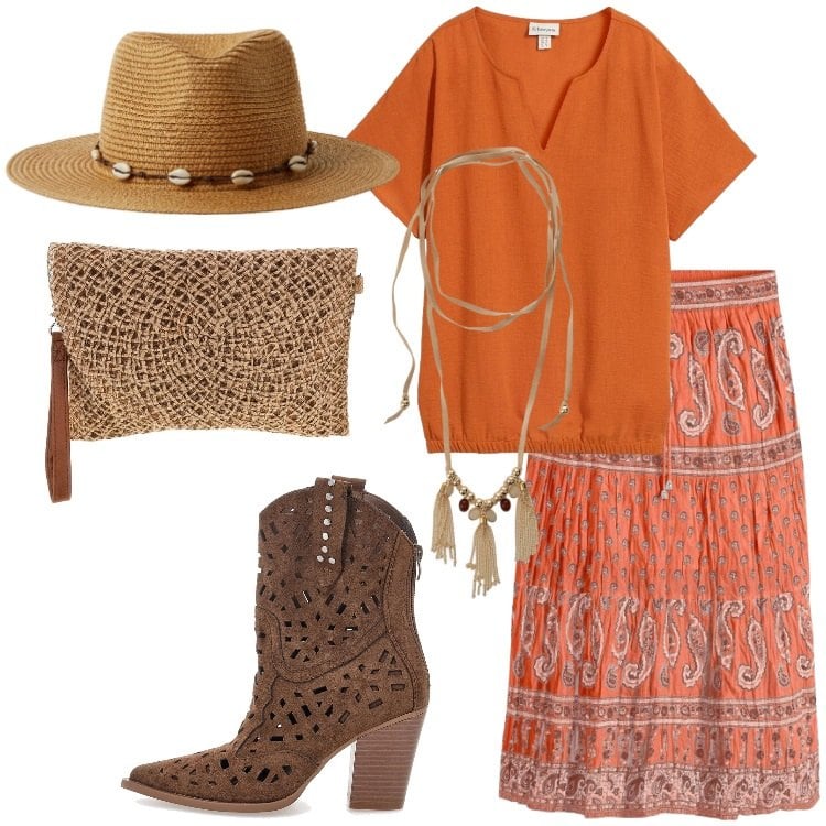 Outfit donna - Oroscopo I gemelli -l\'imprevedibile. Stile Boho per Serata fuori. Abbinamento con gonne lunghe, bluse, cappelli, collane, stivaletti texani, borse a tracolla.