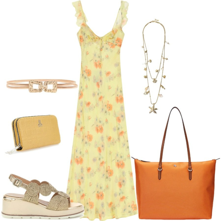 Outfit donna - Total look #2411964. Stile Casual chic per Tutti i giorni. Abbinamento con cinture, vestiti lunghi, collane, borse tote, sandali col tacco, portafogli.