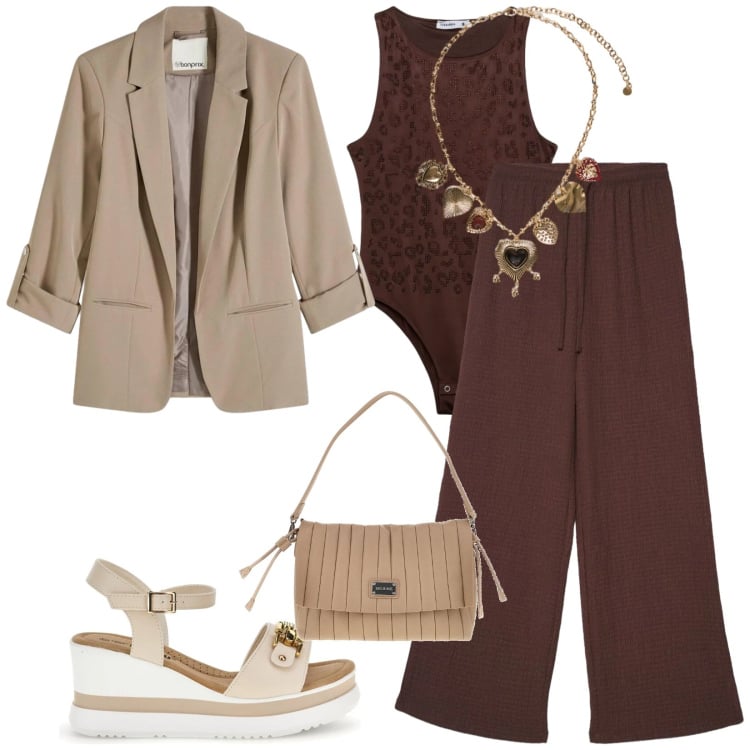 Outfit donna - Total look #2411965. Stile Casual chic per Tutti i giorni. Abbinamento con blazer, pantaloni, top, collane, pochette, zeppe.