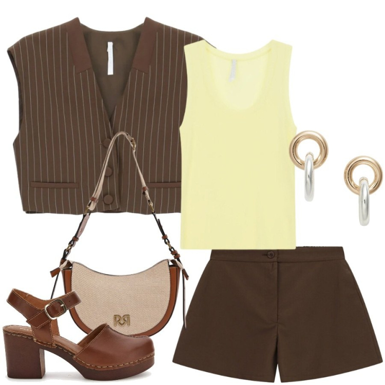 Outfit donna - Total look #2411969. Stile Casual chic per Tutti i giorni. Abbinamento con borse a tracolla, gilet, shorts, canottiere, orecchini, zoccoli.