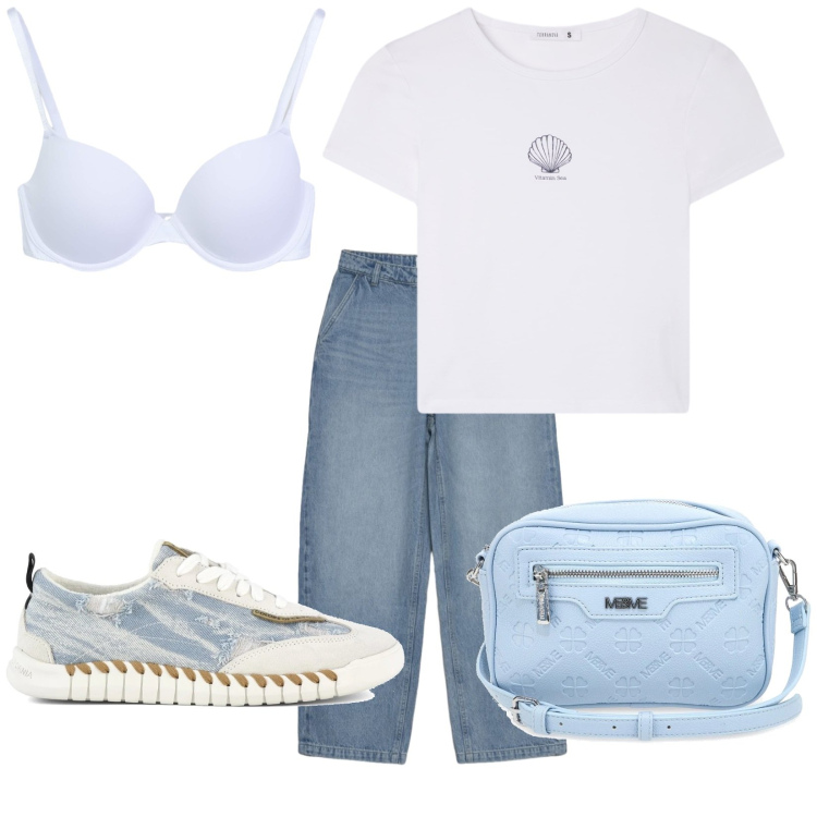 Outfit donna - Total look #2411970. Stile Casual per Tutti i giorni. Abbinamento con jeans dritti, t-shirt, reggiseni, sneakers, borse a tracolla.