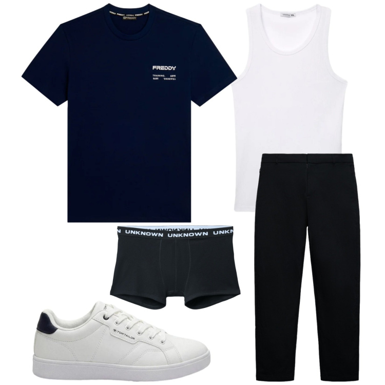 Outfit uomo - Total look #2411971. Stile Casual per Tutti i giorni. Abbinamento con sneakers, pantaloni chino, canottiere, boxer, t-shirt.