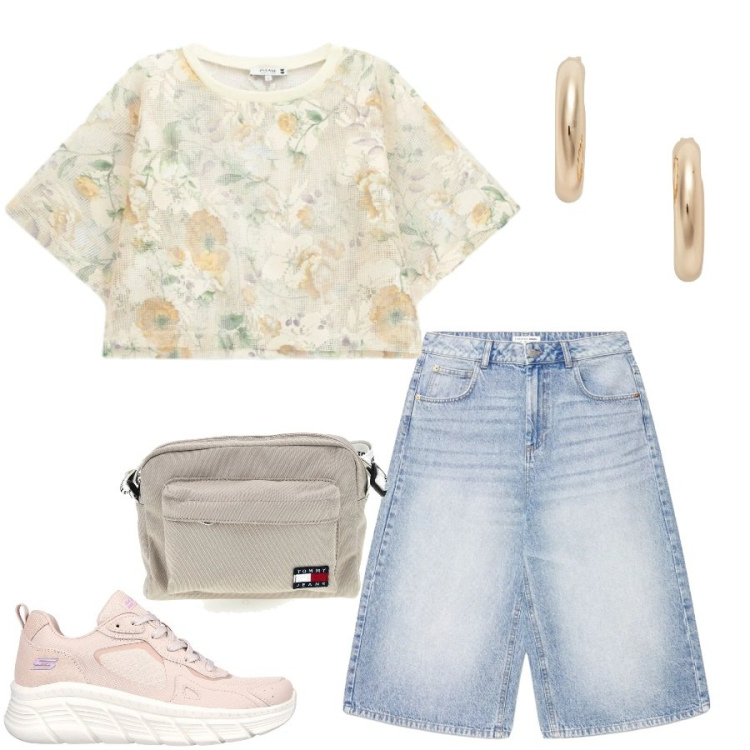 Outfit donna - Total look #2411972. Stile Casual chic per Tutti i giorni. Abbinamento con pantaloni corti, top, orecchini, sneakers, borse a tracolla.