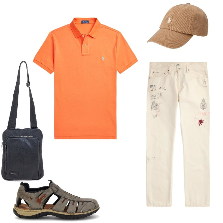 Outfit uomo - Total look #2411975. Stile Casual per Tutti i giorni. Abbinamento con polo, cappelli con visiera, jeans dritti, portafogli, sandali.