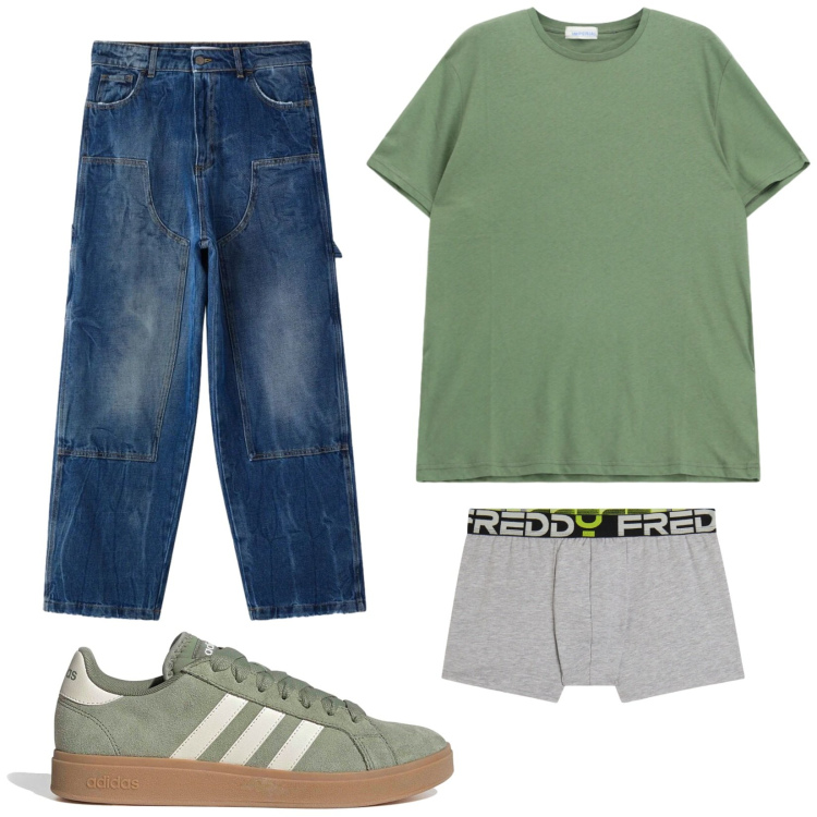 Outfit uomo - Total look #2411978. Stile Casual per Tutti i giorni. Abbinamento con jeans dritti, t-shirt, boxer, sneakers.