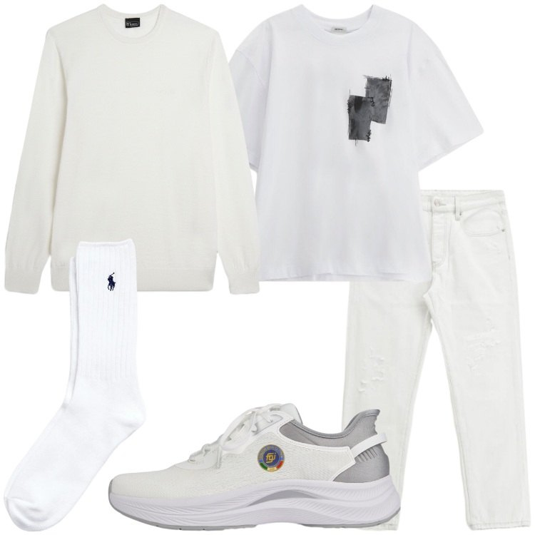 Outfit uomo - Bianco estivo. Stile Casual per Tutti i giorni. Abbinamento con jeans dritti, t-shirt, maglieria, scarpe sportive, calzini.