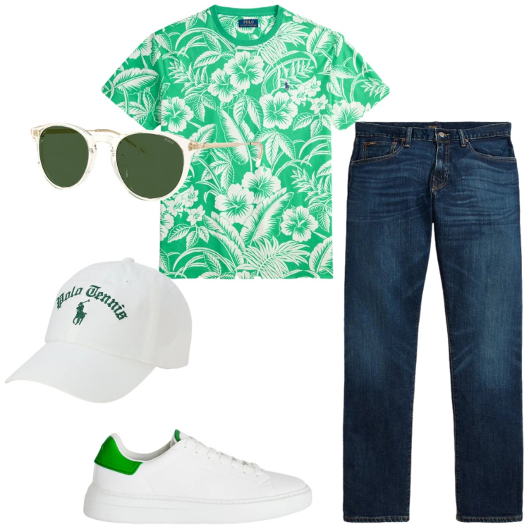 Outfit uomo - Total look #2411987. Stile Casual per Tutti i giorni. Abbinamento con sneakers, jeans dritti, cappelli con visiera, t-shirt, occhiali da sole.