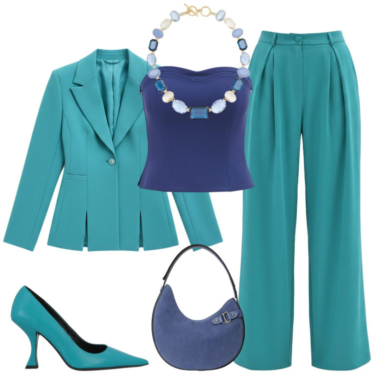 Outfit donna - Total look #2411993. Stile Chic per Cerimonia. Abbinamento con décolleté, blazer, top, pantaloni a palazzo, borse a spalla, collane.