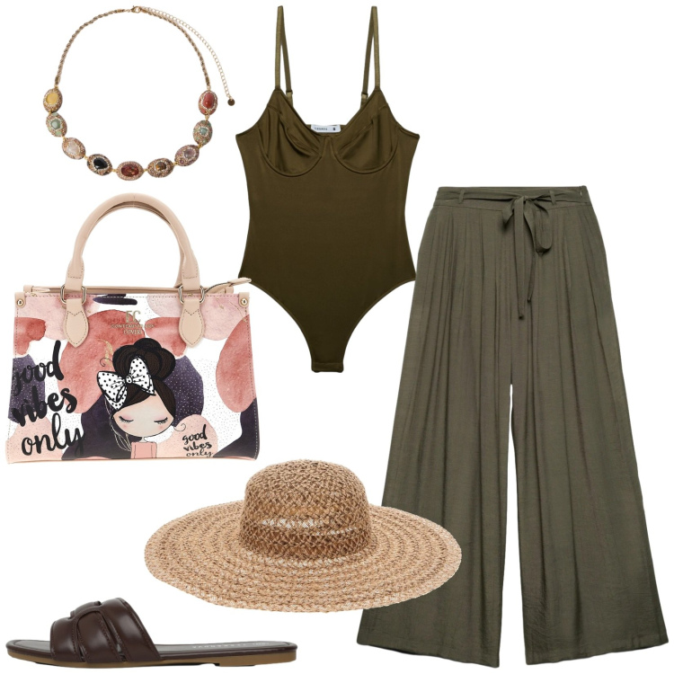 Outfit donna - In vacanza. Stile Casual chic per Tutti i giorni. Abbinamento con pantaloni, ciabatte, top, collane, borse a mano, cappelli.
