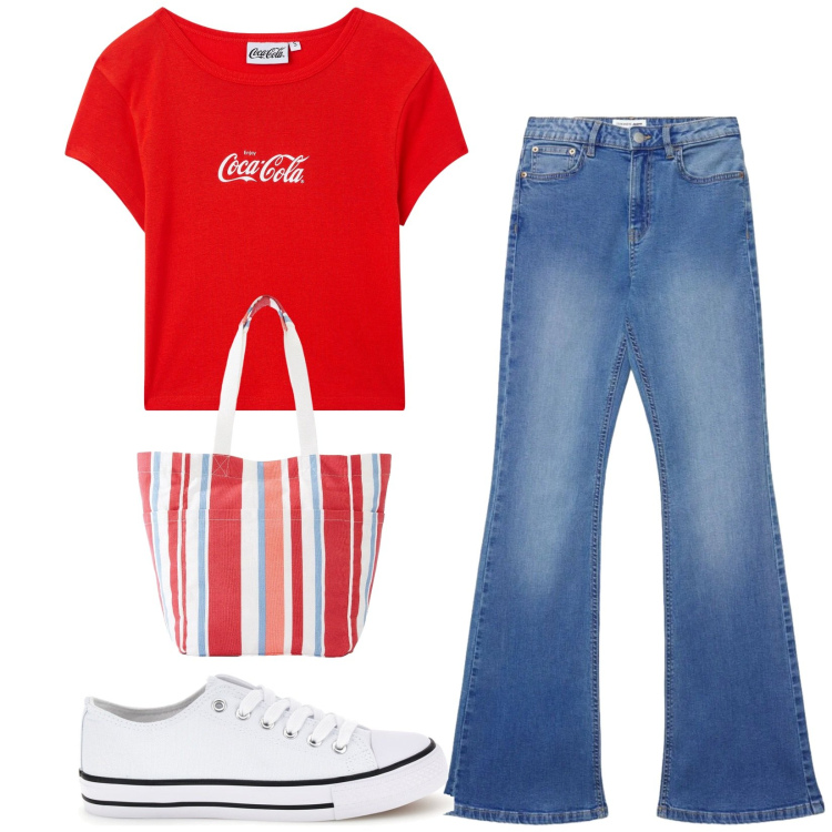 Outfit donna - Total look #2412009. Stile Vintage retrò per Tutti i giorni. Abbinamento con shopping bag, t-shirt, jeans a zampa, sneakers.