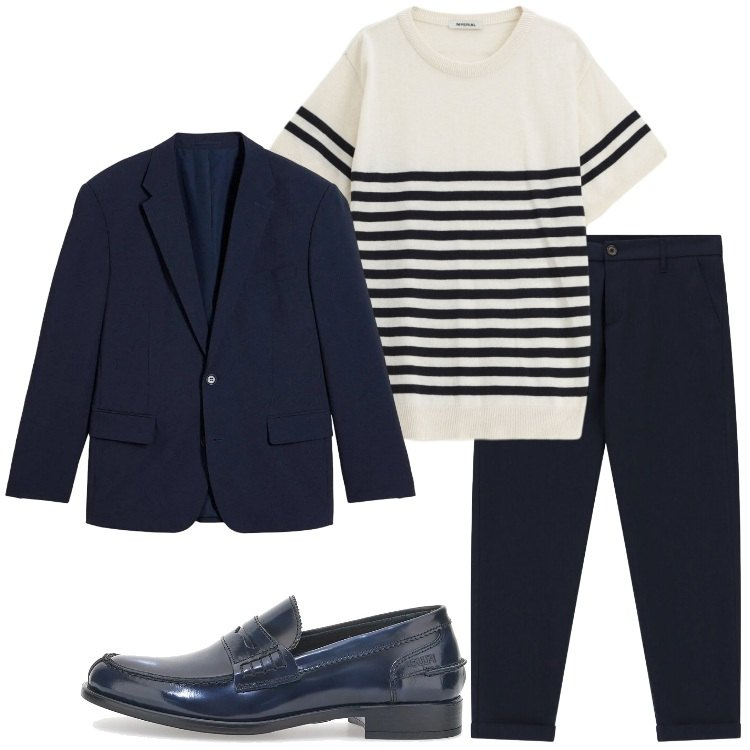 Outfit uomo - In ufficio a giugno. Stile Business/Elegante per Ufficio. Abbinamento con giacche, maglieria, pantaloni, scarpe stringate.