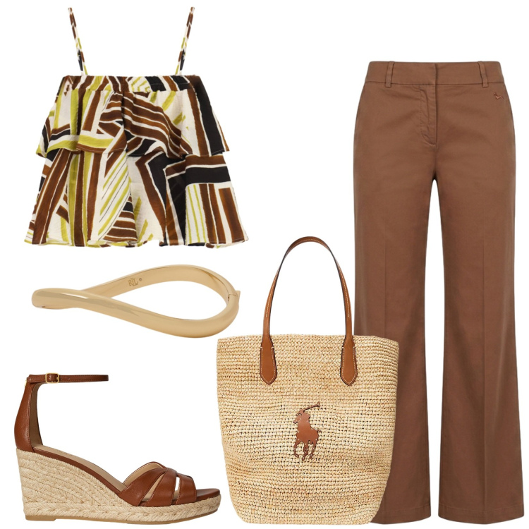 Outfit donna - Total look #2412018. Stile Etnico per Tutti i giorni. Abbinamento con pantaloni, top, borse tote, zeppe, braccialetti.
