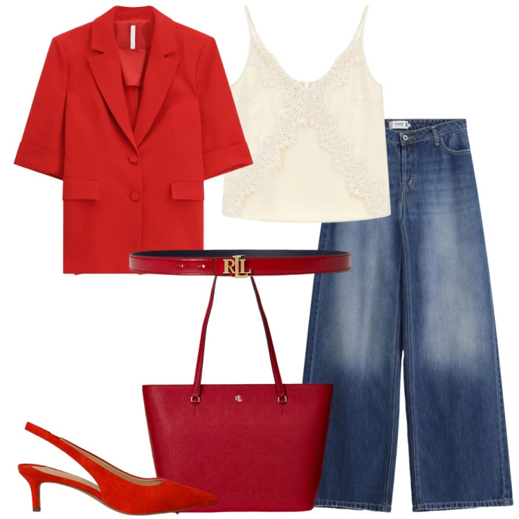 Outfit donna - Un blazer colorato. Stile Urban per Ufficio. Abbinamento con canottiere, blazer, jeans, décolleté, borse tote, cinture.