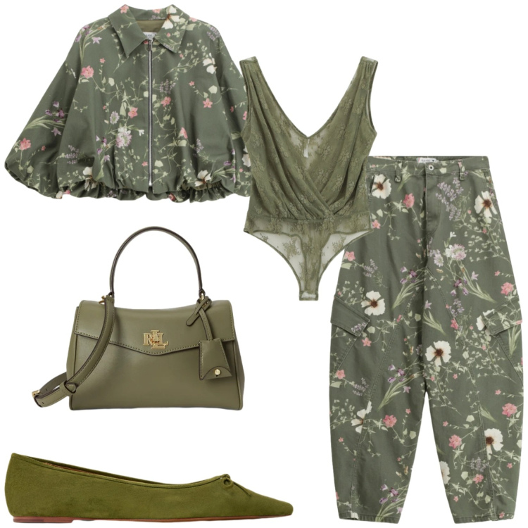 Outfit donna - Total look #2412023. Stile Trendy per Tutti i giorni. Abbinamento con top, pantaloni cargo, bomber, ballerine, borse a mano.