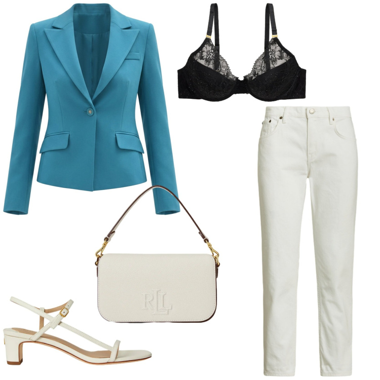 Outfit donna - Look fresco e curato. Stile Chic per Tutti i giorni. Abbinamento con blazer, reggiseni, sandali in pelle, borse a spalla, jeans.