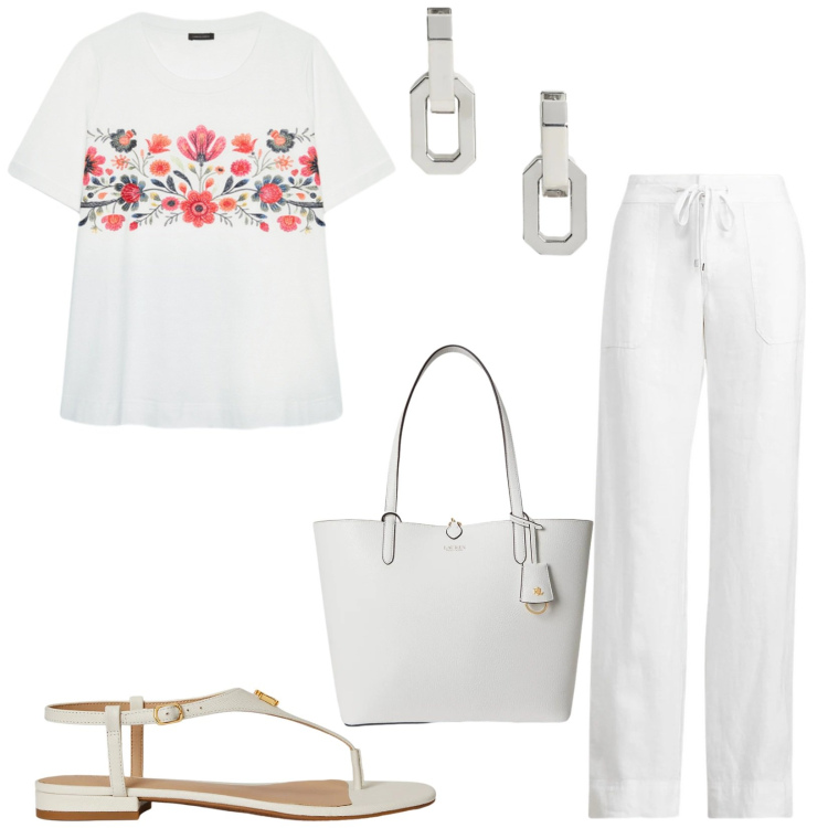 Outfit donna - Total look #2412027. Stile Casual per Tutti i giorni. Abbinamento con t-shirt, pantaloni, sandali in pelle, orecchini, borse tote.