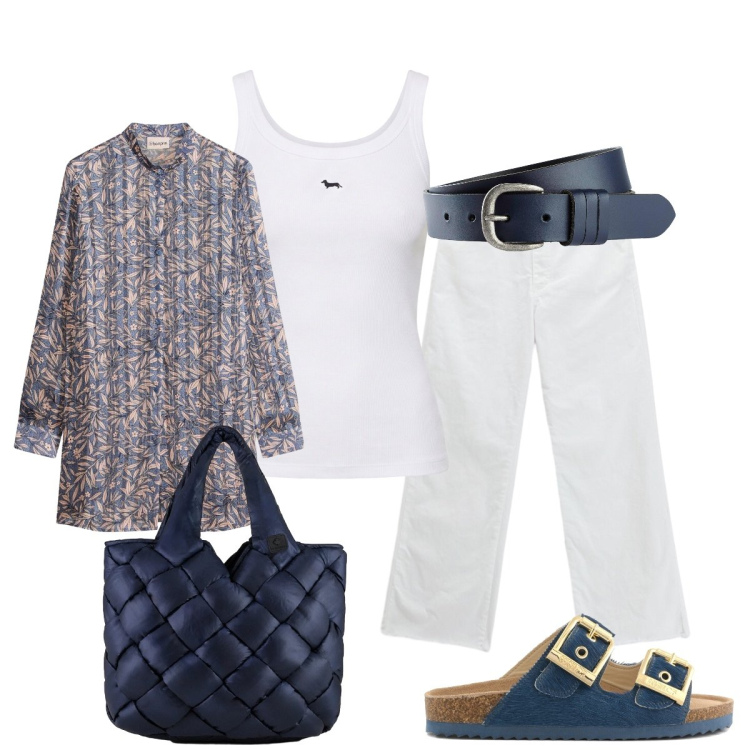 Outfit donna - A mio agio. Stile Casual chic per Tutti i giorni. Abbinamento con camicie, cinture, canottiere, jeans, borse tote, sandali in pelle.
