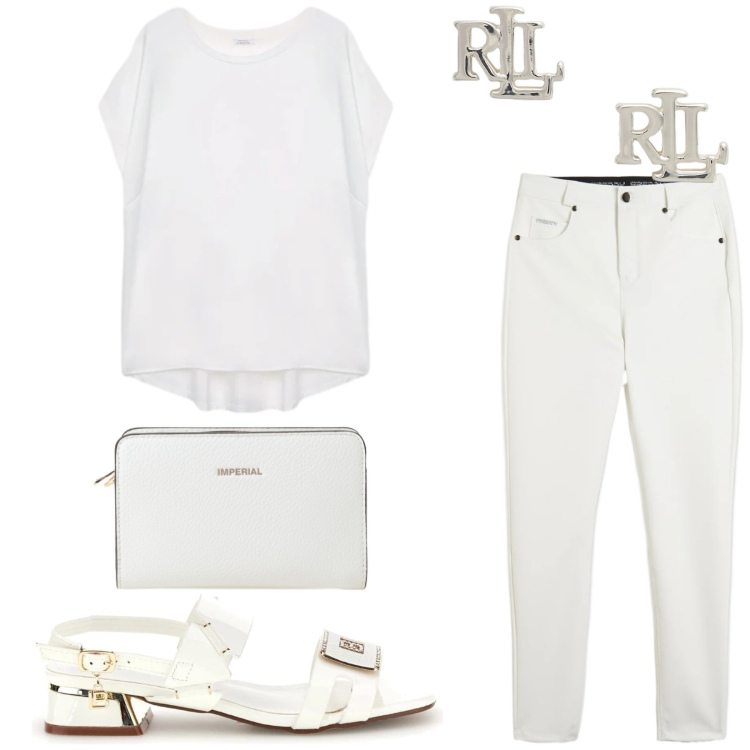Outfit donna - Total look #2412029. Stile Casual per Tutti i giorni. Abbinamento con borse a tracolla, pantaloni skinny, bluse, orecchini, sandali col tacco.