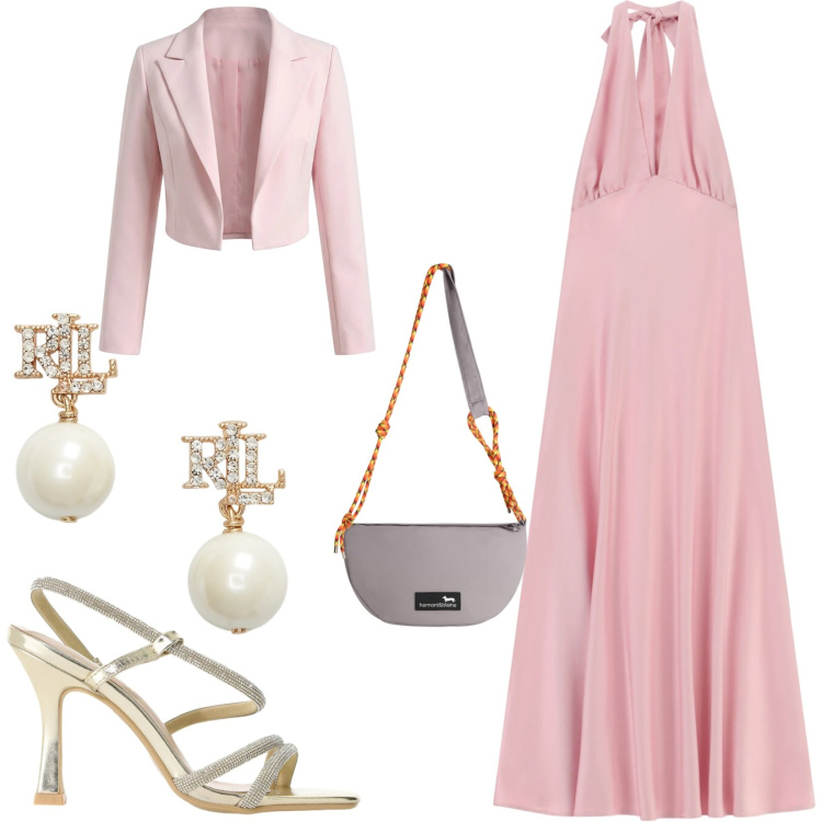 Outfit donna - Total look #2412030. Stile Glamour per Cerimonia. Abbinamento con bolero, vestiti lunghi, sandali col tacco, borse a tracolla, orecchini.