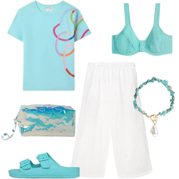 Outfit donna - Seafoam Blue. Stile Casual chic per Mare. Abbinamento con bikini, t-shirt, pantaloni, ciabatte, pochette, braccialetti.