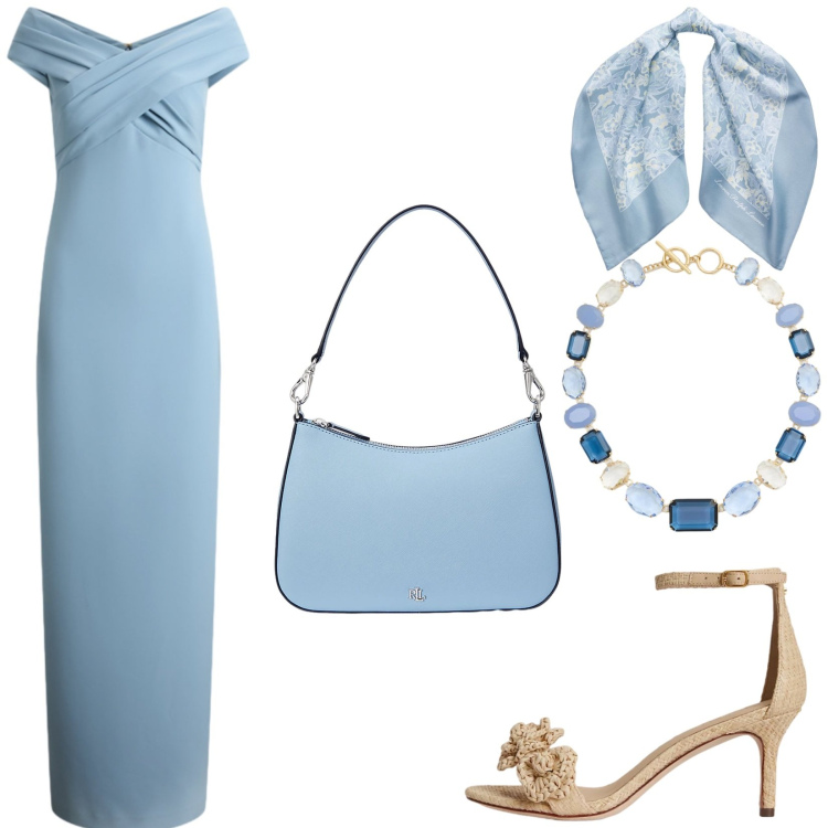 Outfit donna - Total look #2412034. Stile Glamour per Cerimonia. Abbinamento con vestiti lunghi, sandali in pelle, borse a spalla, foulard, collane.