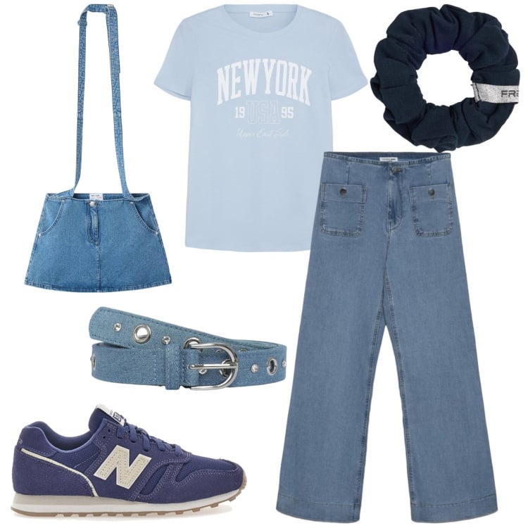 Outfit donna - Total look #2412035. Stile Urban per Tutti i giorni. Abbinamento con t-shirt, jeans, minigonne, cinture, accessori per capelli, sneakers.