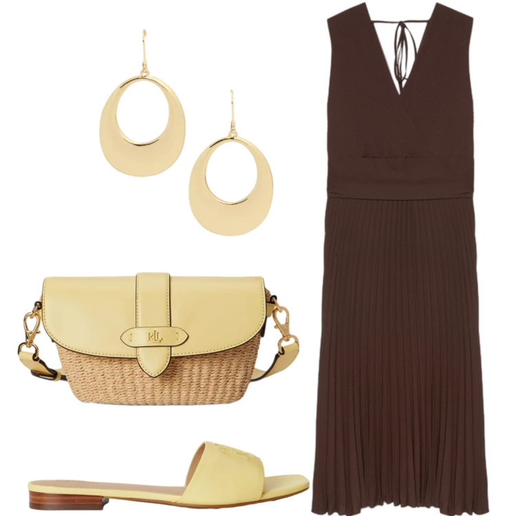 Outfit donna - Total look #2412036. Stile Casual chic per Tutti i giorni. Abbinamento con vestiti midi/longuette, ciabatte, borse a tracolla, orecchini.