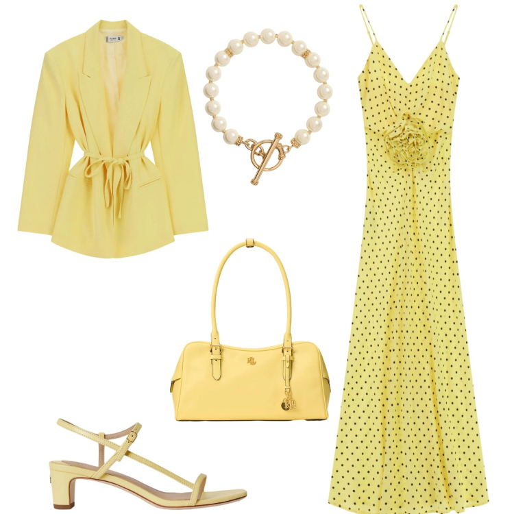 Outfit donna - Total look #2412038. Stile Glamour per Cerimonia. Abbinamento con vestiti lunghi, blazer, borse a mano, collane, sandali in pelle.