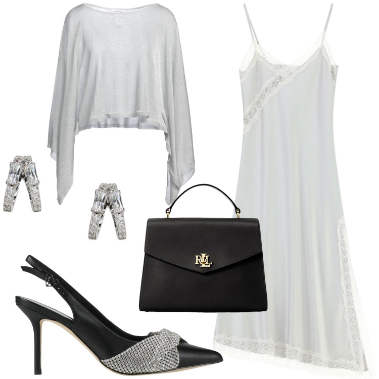 Outfit donna - Elegante. Stile Minimal per Cerimonia. Abbinamento con décolleté, pullovers, vestiti lunghi, borse a mano, orecchini.