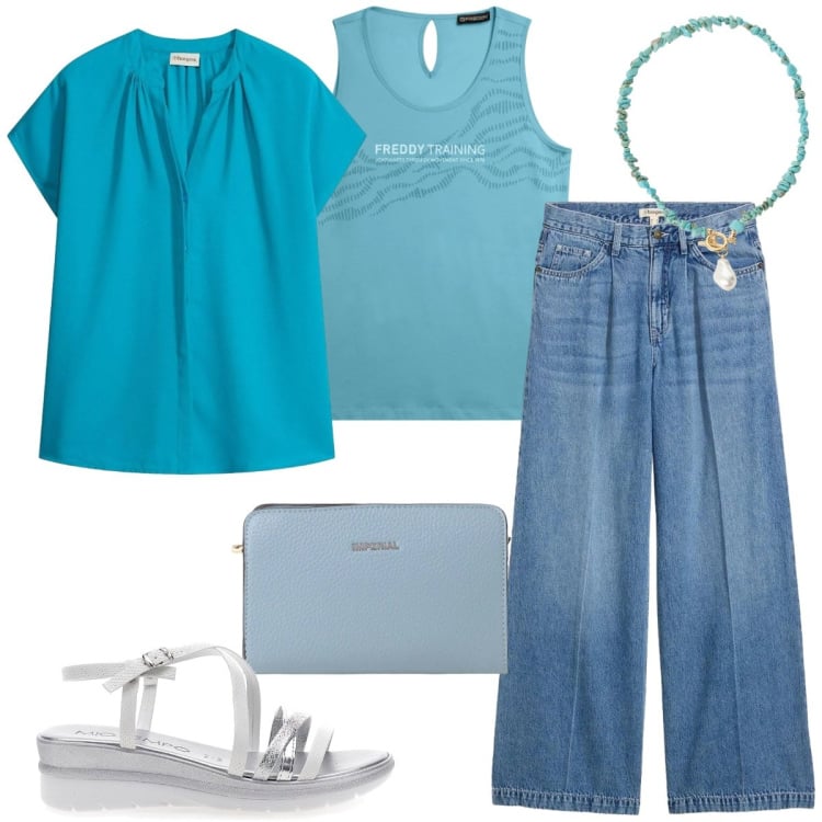 Outfit donna - Seafoam Blue. Stile Casual chic per Tutti i giorni. Abbinamento con jeans, camicie a manica corta, borse a tracolla, collane, canottiere, sandali.