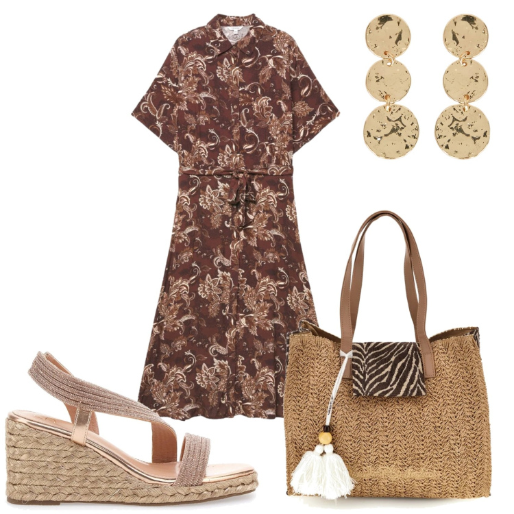 Outfit donna - La fantasia del marrone. Stile Casual chic per Tutti i giorni. Abbinamento con vestiti chemisier, orecchini, sandali, borse a spalla.