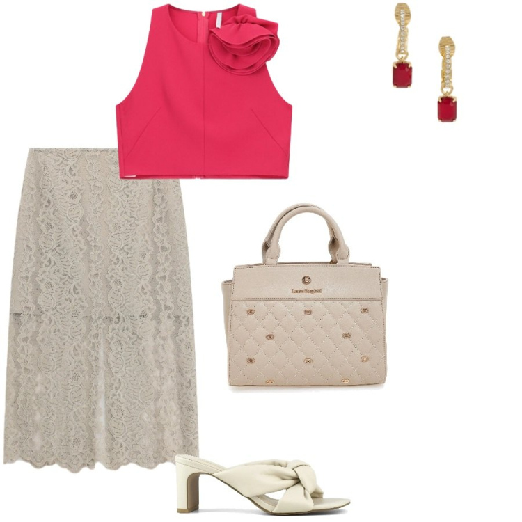 Outfit donna - Laurea. Stile Chic per Serata fuori. Abbinamento con gonne longuette, top, orecchini, sandali col tacco, borse a mano.