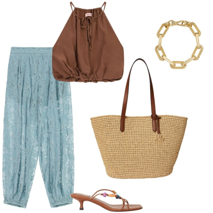 Outfit donna - Serate in vacanza. Stile Glamour per Serata fuori. Abbinamento con pantaloni a palazzo, top, sandali gioiello, borse tote, braccialetti.