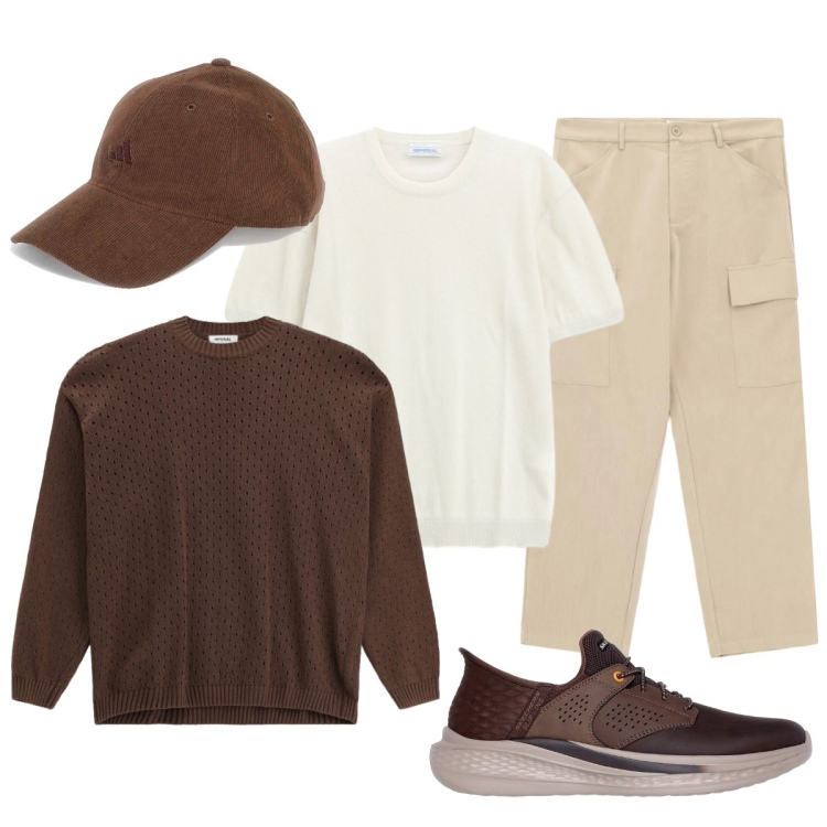 Outfit uomo - Marrone anche in estate. Stile Casual per Tutti i giorni. Abbinamento con pantaloni cargo, t-shirt, maglieria, sneakers, cappelli con visiera.