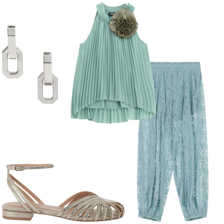 Outfit donna - Seafoam Blue. Stile Chic per Cerimonia. Abbinamento con pantaloni a palazzo, orecchini, top, sandali.