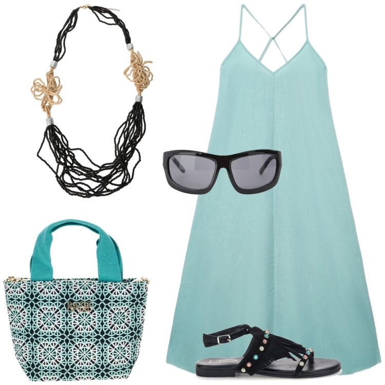 Outfit donna - Total look #2412047. Stile Boho per Tutti i giorni. Abbinamento con vestiti lunghi, occhiali da sole, collane, borse a tracolla, sandali.