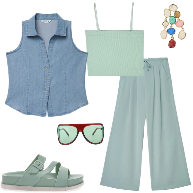 Outfit donna - Seafoam Blue. Stile Casual chic per Tutti i giorni. Abbinamento con pantaloni, camicie a manica corta, canottiere, occhiali da sole, orecchini, ciabatte.