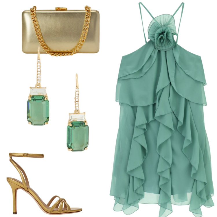 Outfit donna - Seafoam Blue. Stile Chic per Cerimonia. Abbinamento con vestiti corti, sandali in pelle, clutch, orecchini.