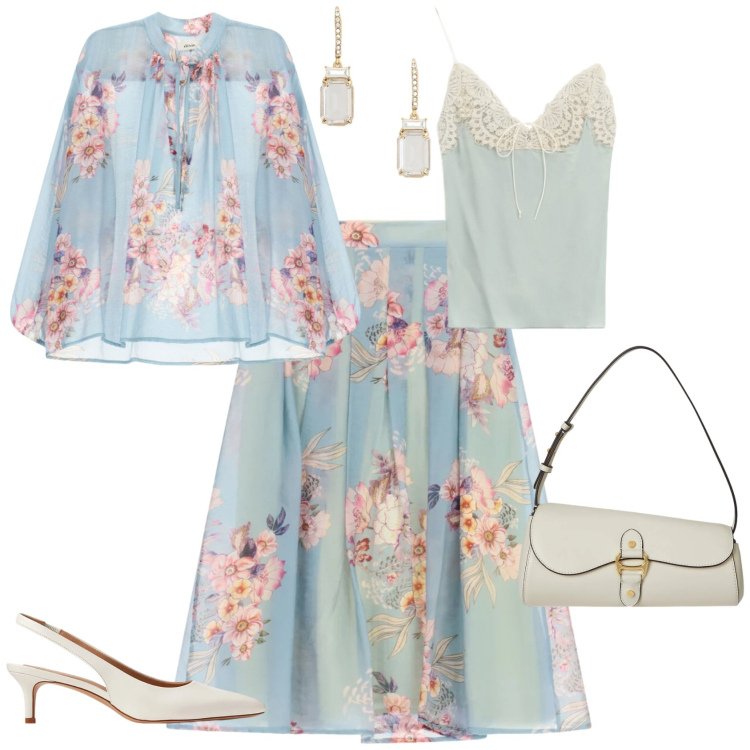 Outfit donna - Chic serata evento. Stile Chic per Serata fuori. Abbinamento con bluse, top, gonne longuette, décolleté, borse a spalla, orecchini.