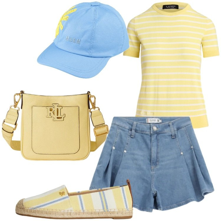 Outfit donna - Giugno: un tocco di giallo - @susystyle. Stile Casual per Tutti i giorni. Abbinamento con cappelli con visiera, shorts, espadrillas, t-shirt, borse a tracolla.
