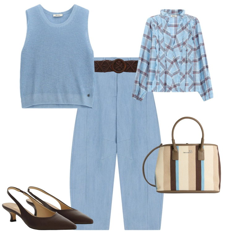 Outfit donna - Casual chic ufficio tempo libero. Stile Casual chic per Tutti i giorni. Abbinamento con cinture, pantaloni, shopping bag, décolleté, maglieria, camicie.