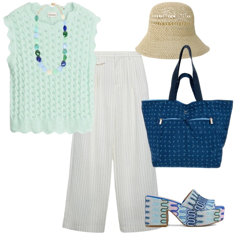 Outfit donna - In spiaggia. per Mare. Abbinamento con canottiere, pantaloni, cappelli, collane, sabot, shopping bag.