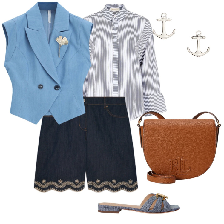 Outfit donna - Estate. per Tutti i giorni. Abbinamento con gilet, camicie, bermuda, ciabatte, borse a tracolla, orecchini.