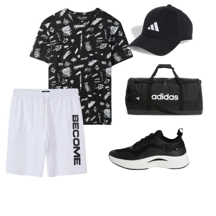 Outfit uomo - Urban Fitness. Stile Urban per Sport. Abbinamento con t-shirt, bermuda, sneakers, cappelli con visiera, borse sportive.