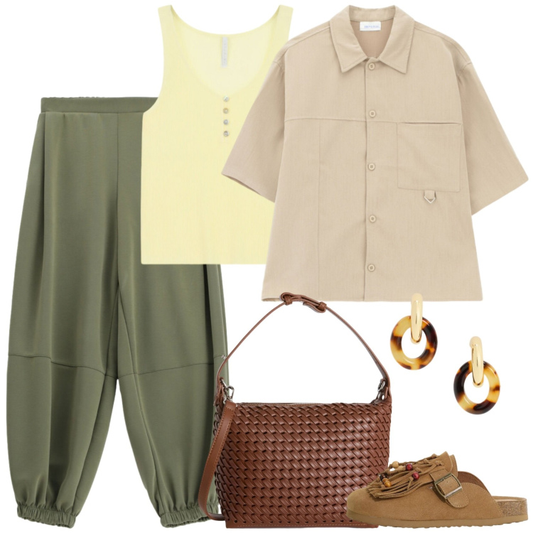 Outfit donna - Gemelli. Stile Trendy per Tutti i giorni. Abbinamento con sabot, pantaloni, camicie, canottiere, borse a spalla, orecchini.