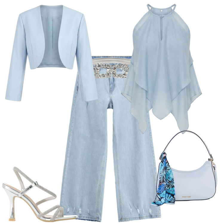 Outfit donna - Serata evento speciale. Stile Glamour per Serata fuori. Abbinamento con borse a mano, canottiere, bolero, cinture, sandali col tacco, jeans.