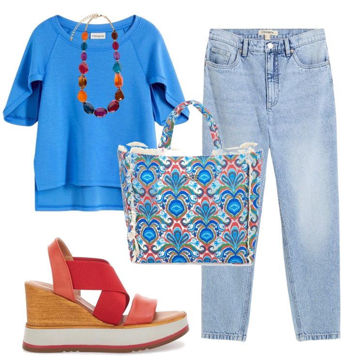 Outfit donna - Total look #2412067. Stile Casual chic per Tutti i giorni. Abbinamento con t-shirt, jeans mom, collane, shopping bag, sandali col tacco.