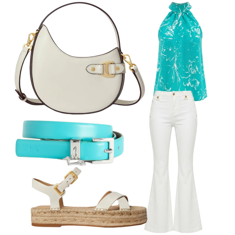Outfit donna - Bianco e verde acqua. Stile 70s per Tutti i giorni. Abbinamento con pantaloni chino, top, cinture, espadrillas, borse a tracolla.